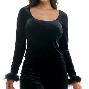 NWT Elegant Black Velvet Top with Feather Cuffs